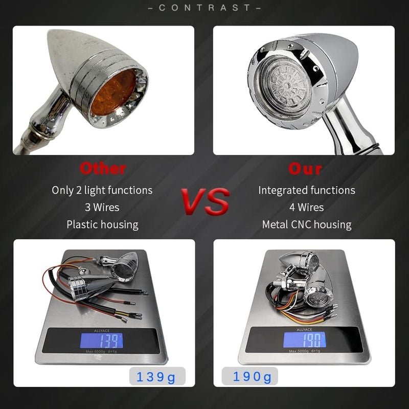 KICRY Motorcycle LED Turn Signals Bullet Blinker Heavy Duty Indicator Lights Amber Lens Universal for Harley Davidson Honda Yamaha Suzuki Kawasaki (Chrome-4wire) - Image 4